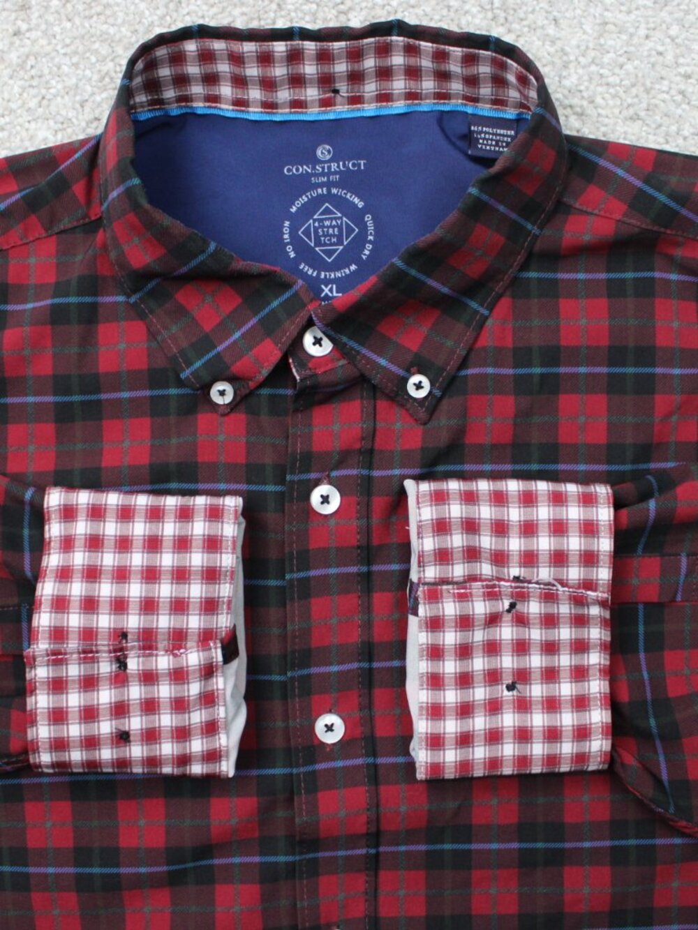 Construct Shirt XL Red/Black Plaid Slim Fit 4-Way Stretch Flip Cuff Non-Iron L/S